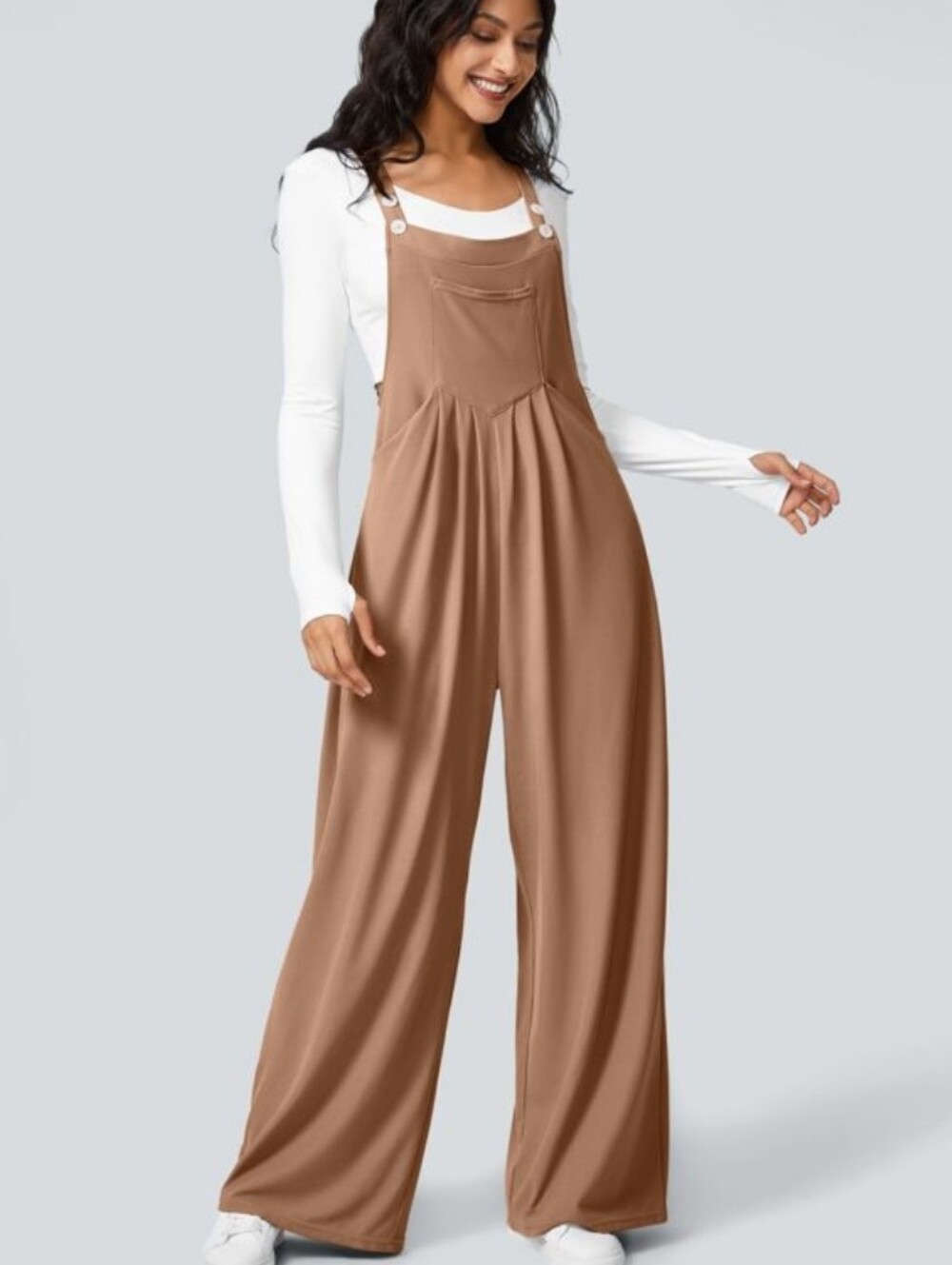 Halara Tan Wide-Leg Bib Jumpsuit
